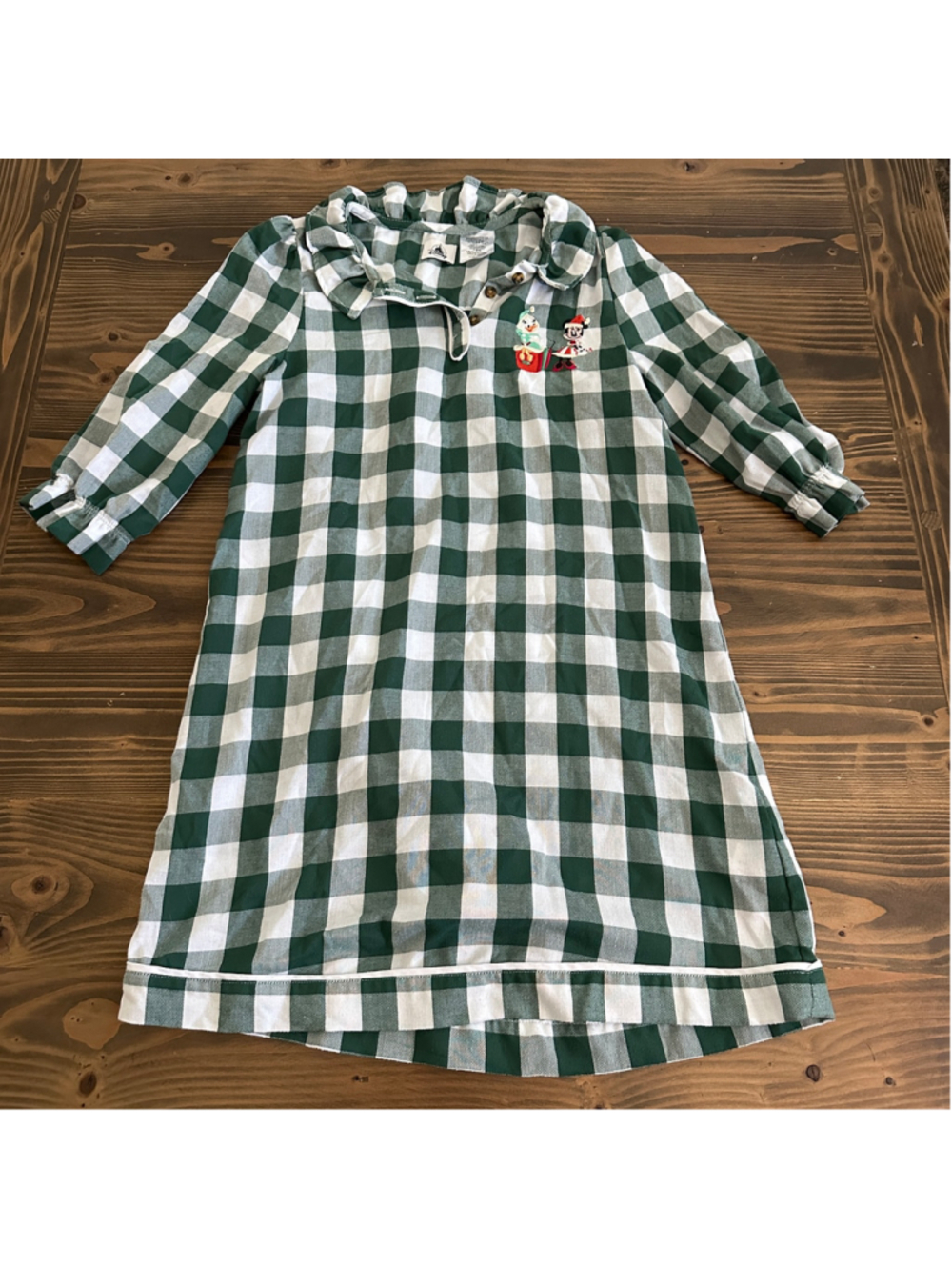 Disney Minnie Mouse Girls 9/10 Green White Gingham Nightgown Embroidered